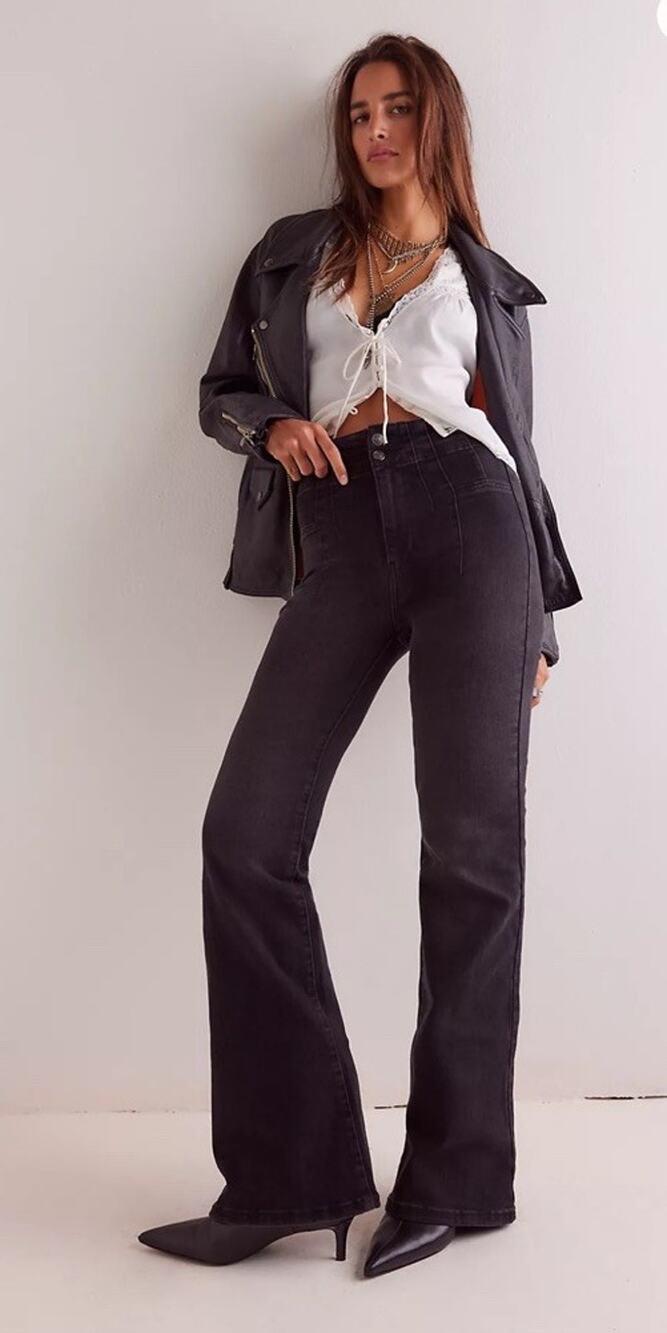 We The Free People Jayde Flare Jeans Onyx Black High Rise Stretch Denim Sz 31